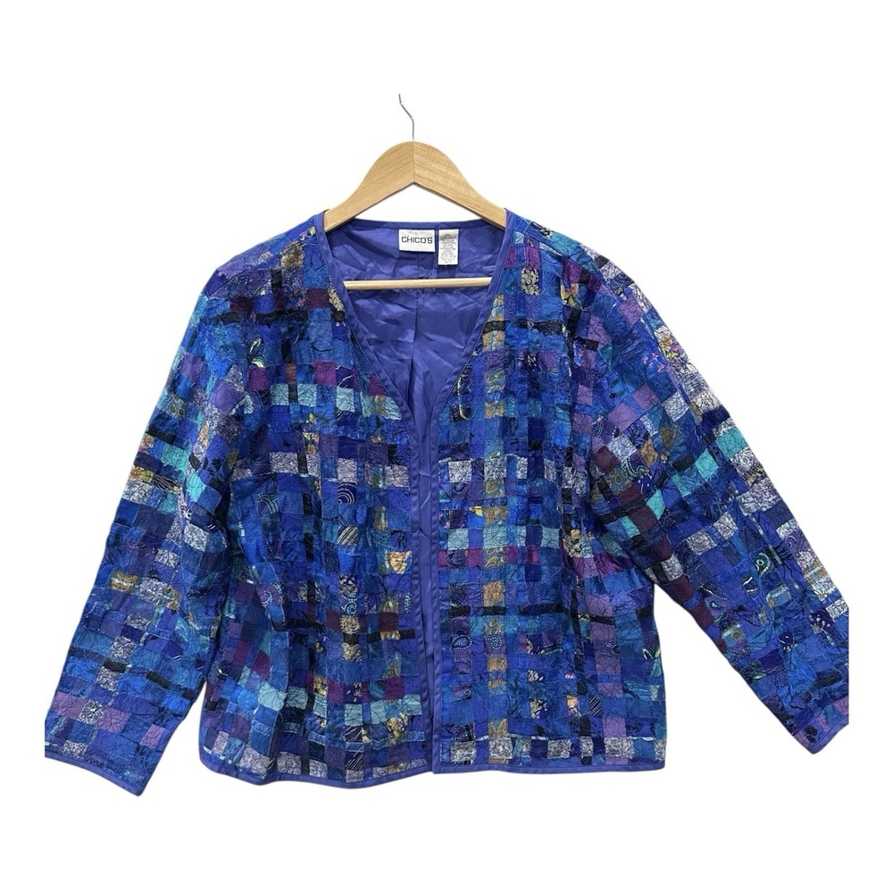 Chicos Womens L Open‎ Front Patchwork Jacket Sz 2 Blue Silk Linen Blend Artsy